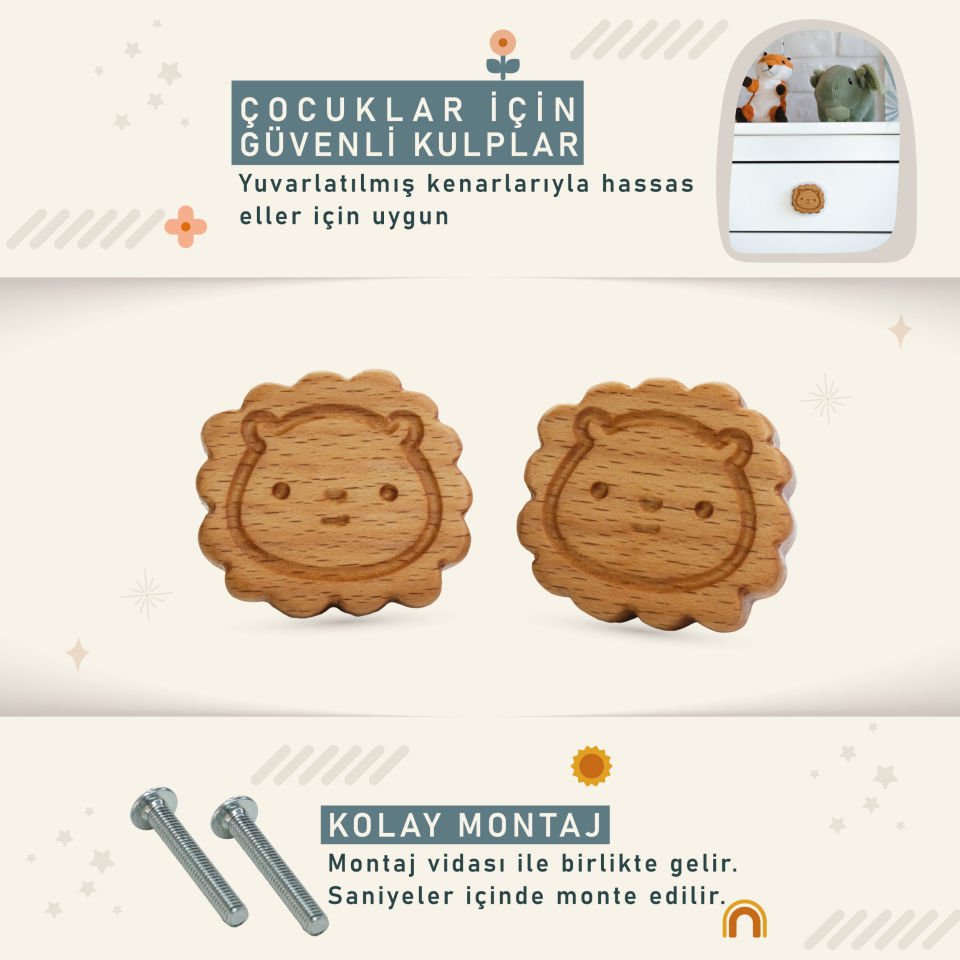 Aslan Desenli Bebek Çocuk Odası Ahşap Dolap Çekmece Kulpu