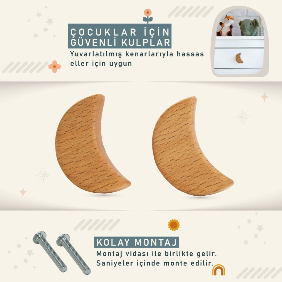 Ay Desenli Bebek Çocuk Odası Ahşap Dolap Çekmece Kulpu