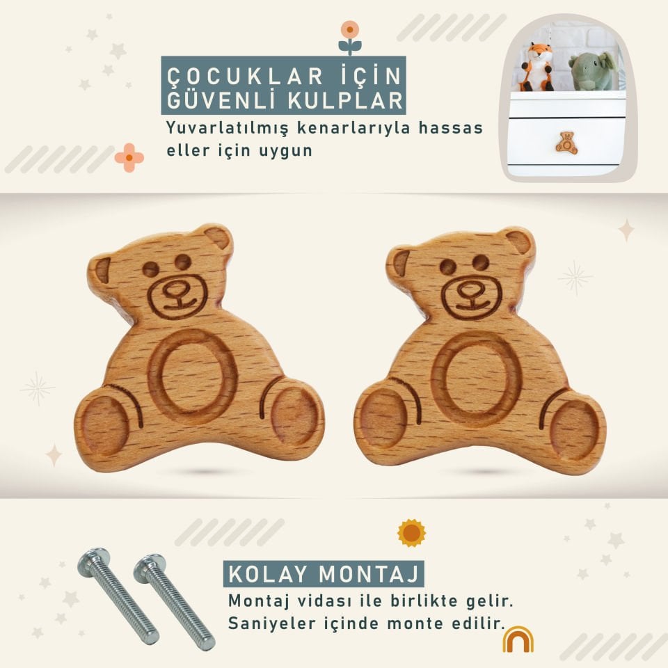 Ayıcık Desenli Bebek Çocuk Odası Ahşap Dolap Çekmece Kulpu