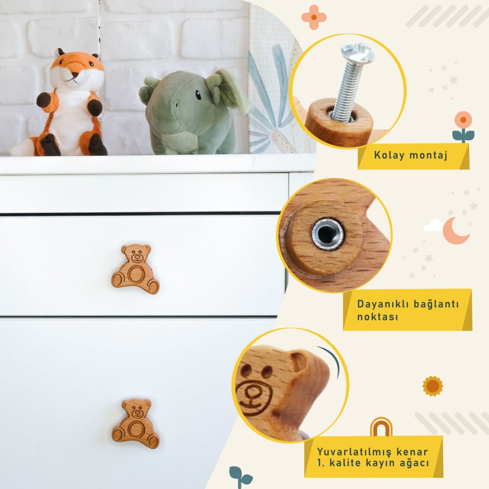 Ayıcık Desenli Bebek Çocuk Odası Ahşap Dolap Çekmece Kulpu