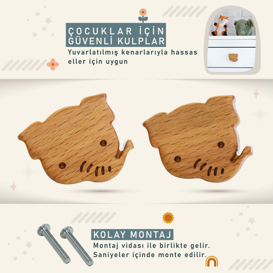 Fil Desenli Bebek Çocuk Odası Ahşap Dolap Çekmece Kulpu