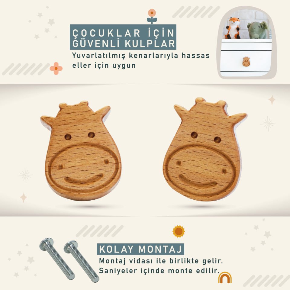 İnek Desenli Bebek Çocuk Odası Ahşap Dolap Çekmece Kulpu