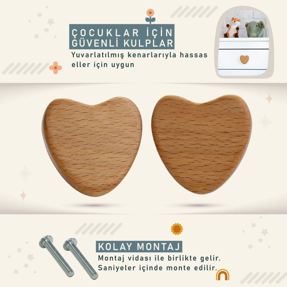 Kalp Desenli Bebek Çocuk Odası Ahşap Dolap Çekmece Kulpu