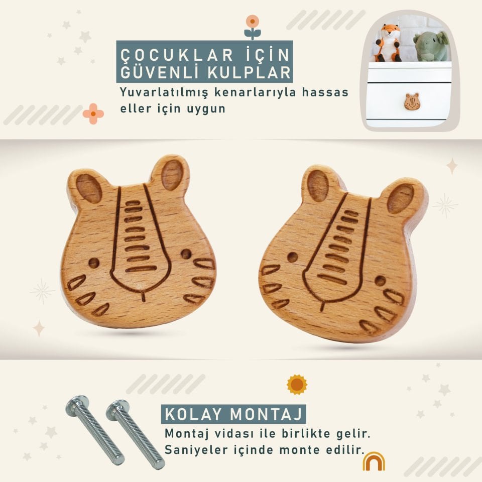 Kaplan Desenli Bebek Çocuk Odası Ahşap Dolap Çekmece Kulpu