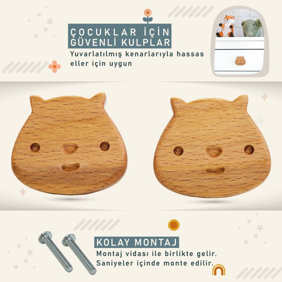 Kedi Desenli Bebek Çocuk Odası Ahşap Dolap Çekmece Kulpu