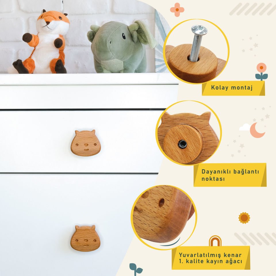 Kedi Desenli Bebek Çocuk Odası Ahşap Dolap Çekmece Kulpu