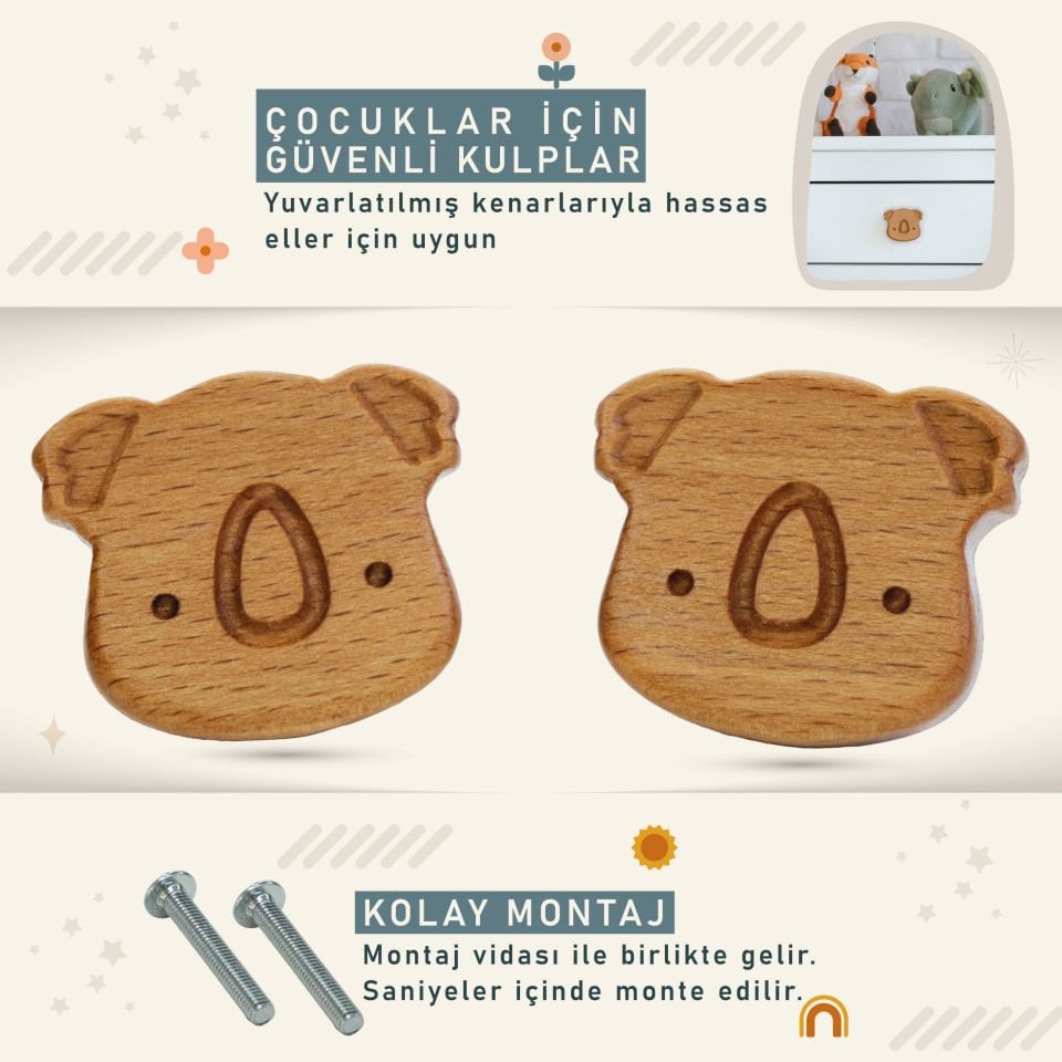 Koala Desenli Bebek Çocuk Odası Ahşap Dolap Çekmece Kulpu