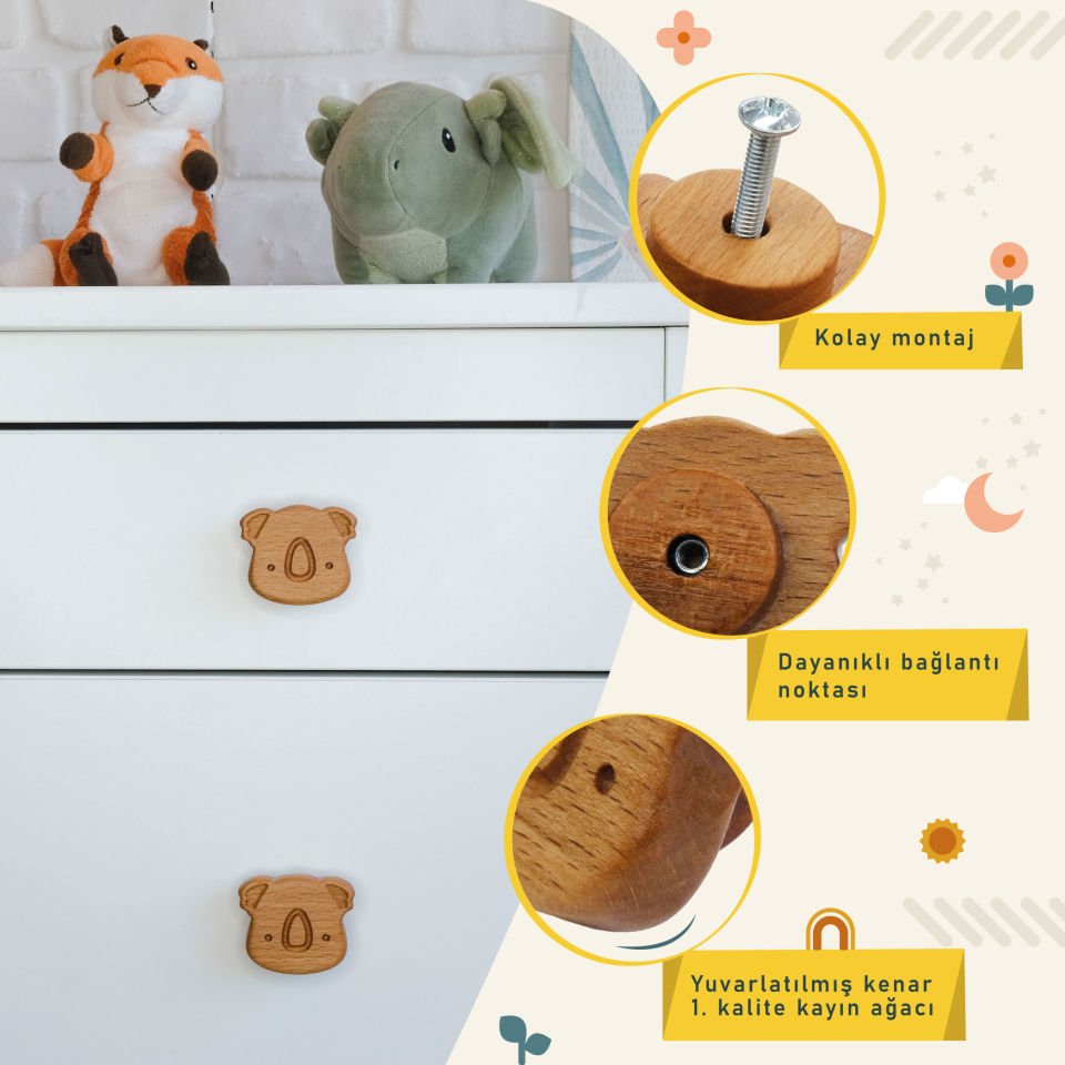 Koala Desenli Bebek Çocuk Odası Ahşap Dolap Çekmece Kulpu