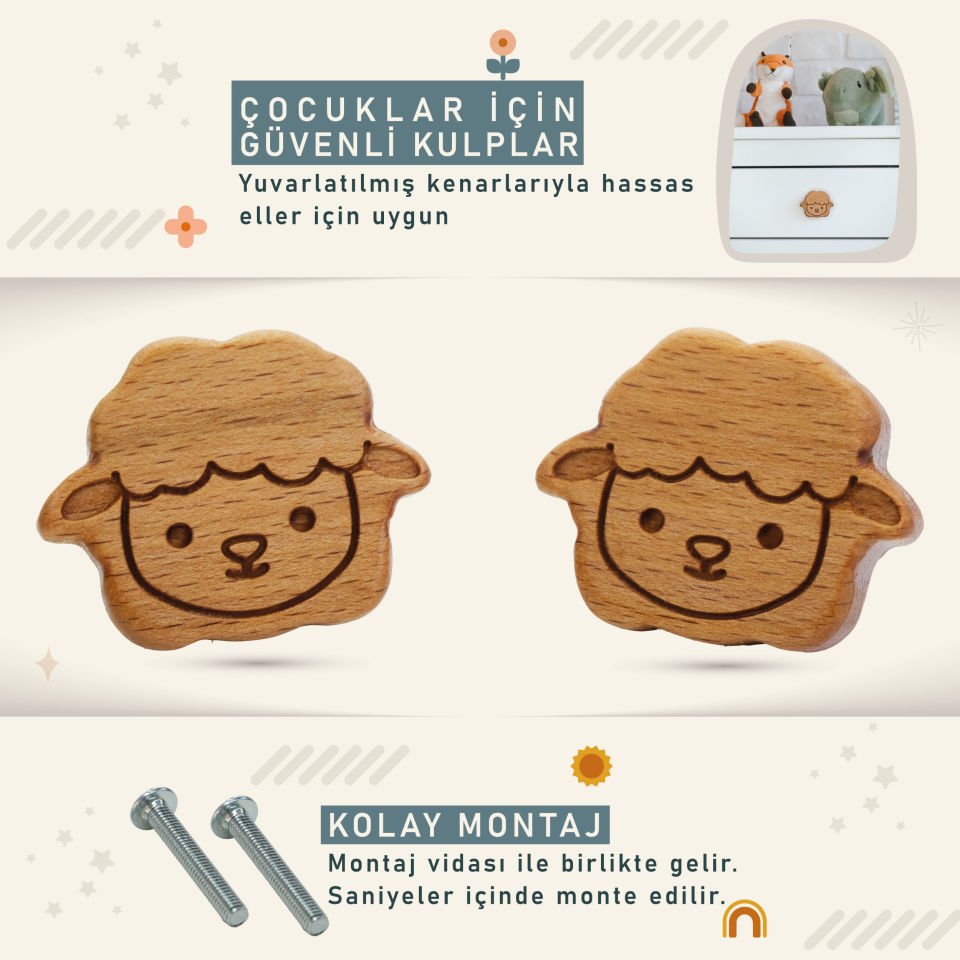 Kuzu Desenli Bebek Çocuk Odası Ahşap Dolap Çekmece Kulpu