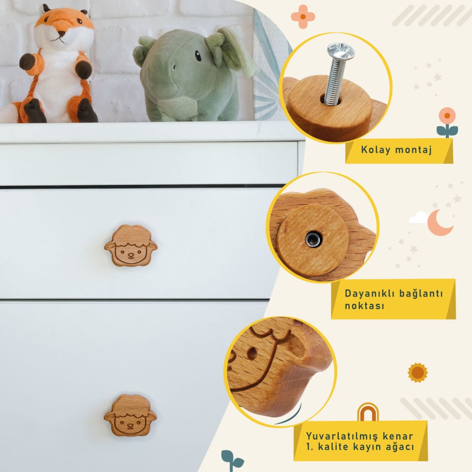Kuzu Desenli Bebek Çocuk Odası Ahşap Dolap Çekmece Kulpu