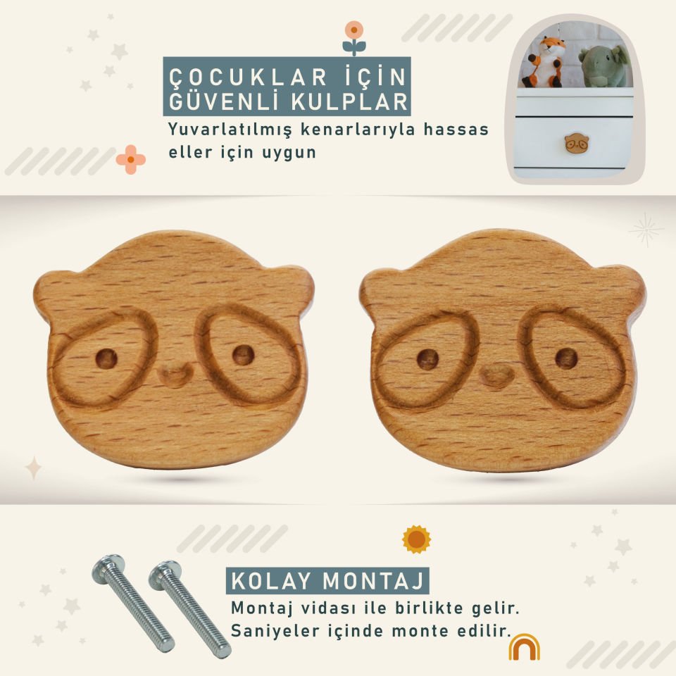 Panda Desenli Bebek Çocuk Odası Ahşap Dolap Çekmece Kulpu