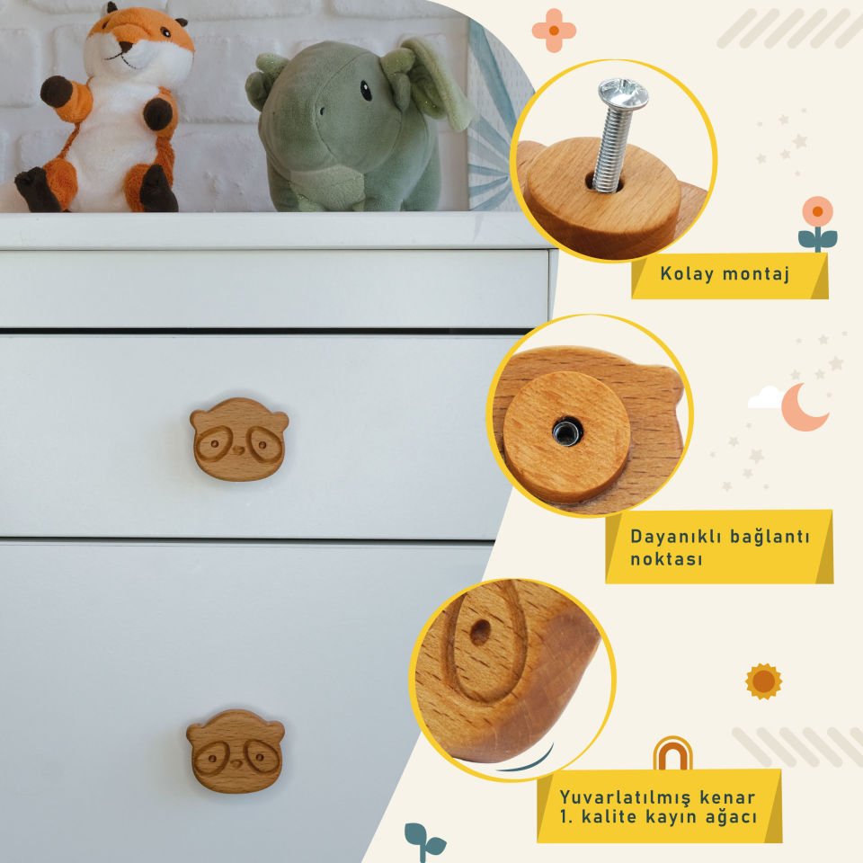Panda Desenli Bebek Çocuk Odası Ahşap Dolap Çekmece Kulpu