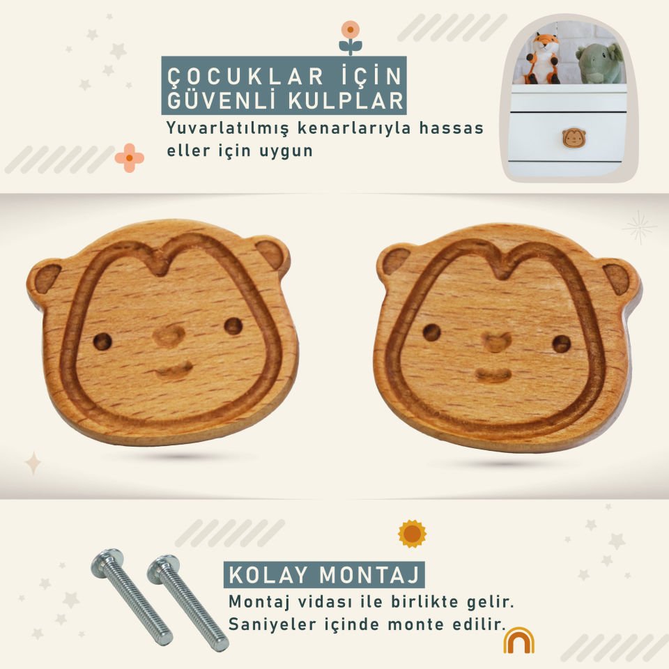 Maymun Desenli Bebek Çocuk Odası Ahşap Dolap Çekmece Kulpu
