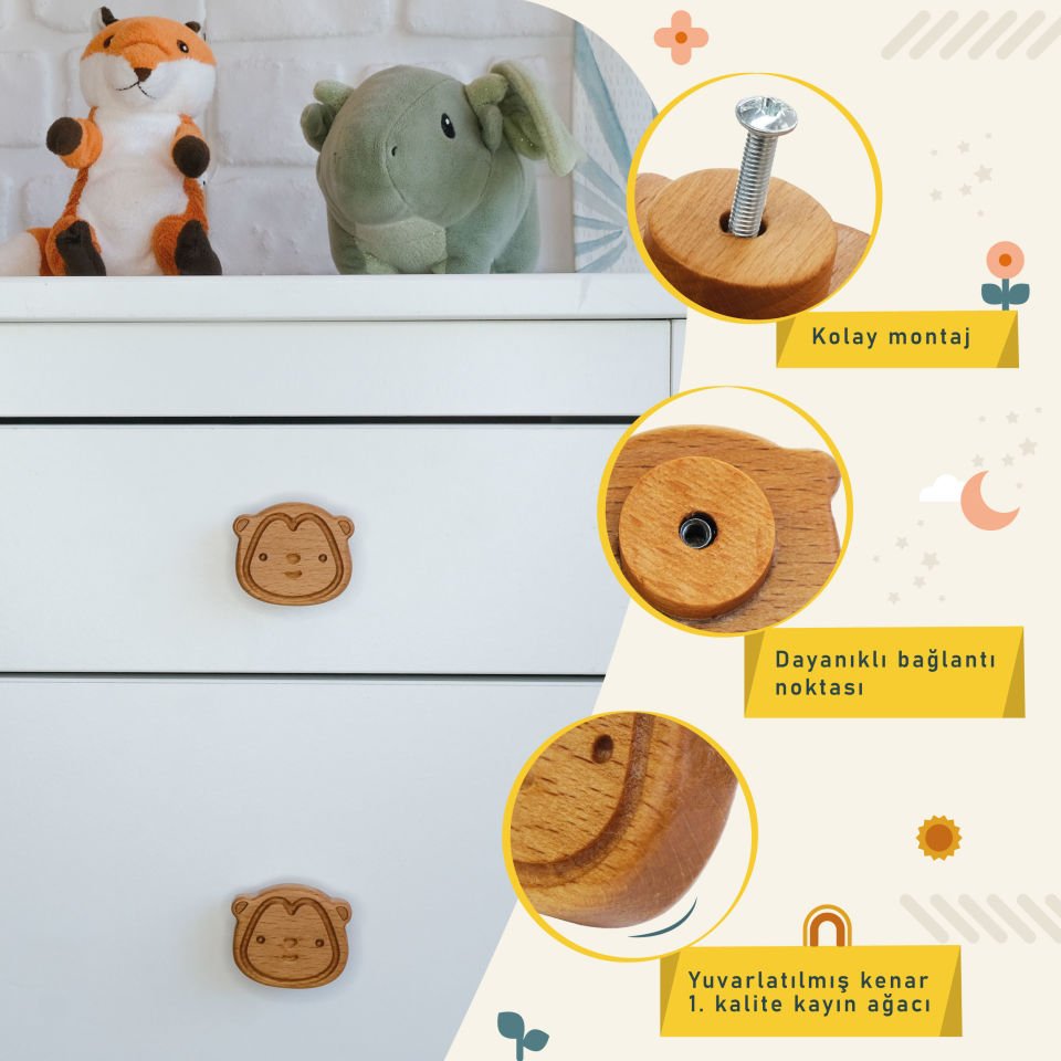 Maymun Desenli Bebek Çocuk Odası Ahşap Dolap Çekmece Kulpu