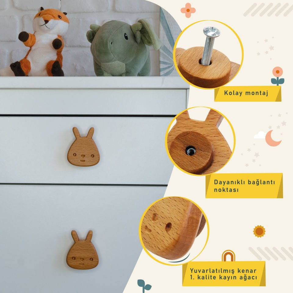 Tavşan Desenli Bebek Çocuk Odası Ahşap Dolap Çekmece Kulpu