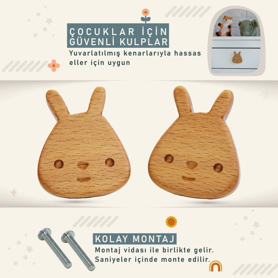 Tavşan Desenli Bebek Çocuk Odası Ahşap Dolap Çekmece Kulpu