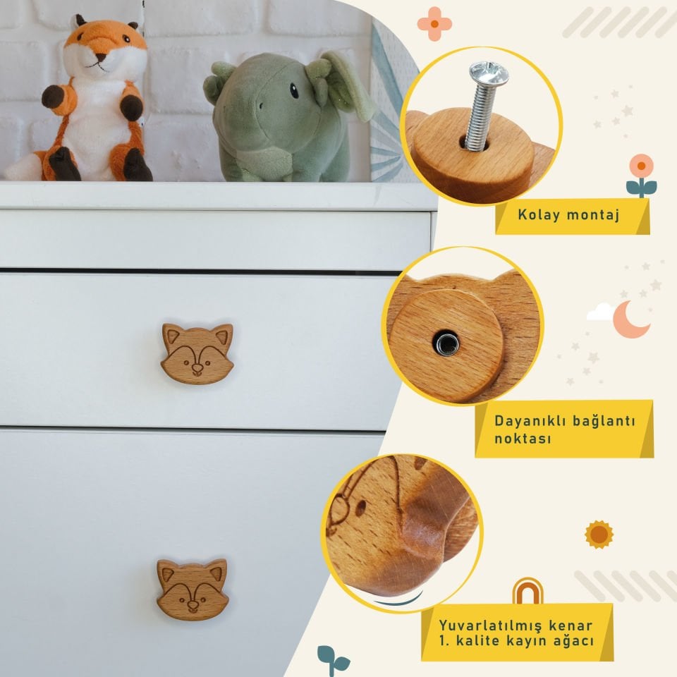Tilki Desenli Bebek Çocuk Odası Ahşap Dolap Çekmece Kulpu