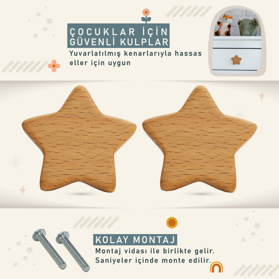 Yıldız Desenli Bebek Çocuk Odası Ahşap Dolap Çekmece Kulpu