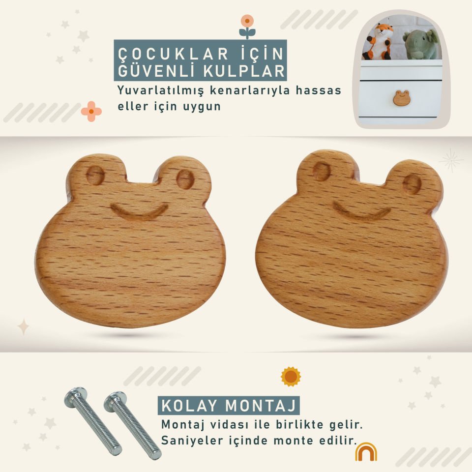 Kurbağa Desenli Bebek Çocuk Odası Ahşap Dolap Çekmece Kulpu