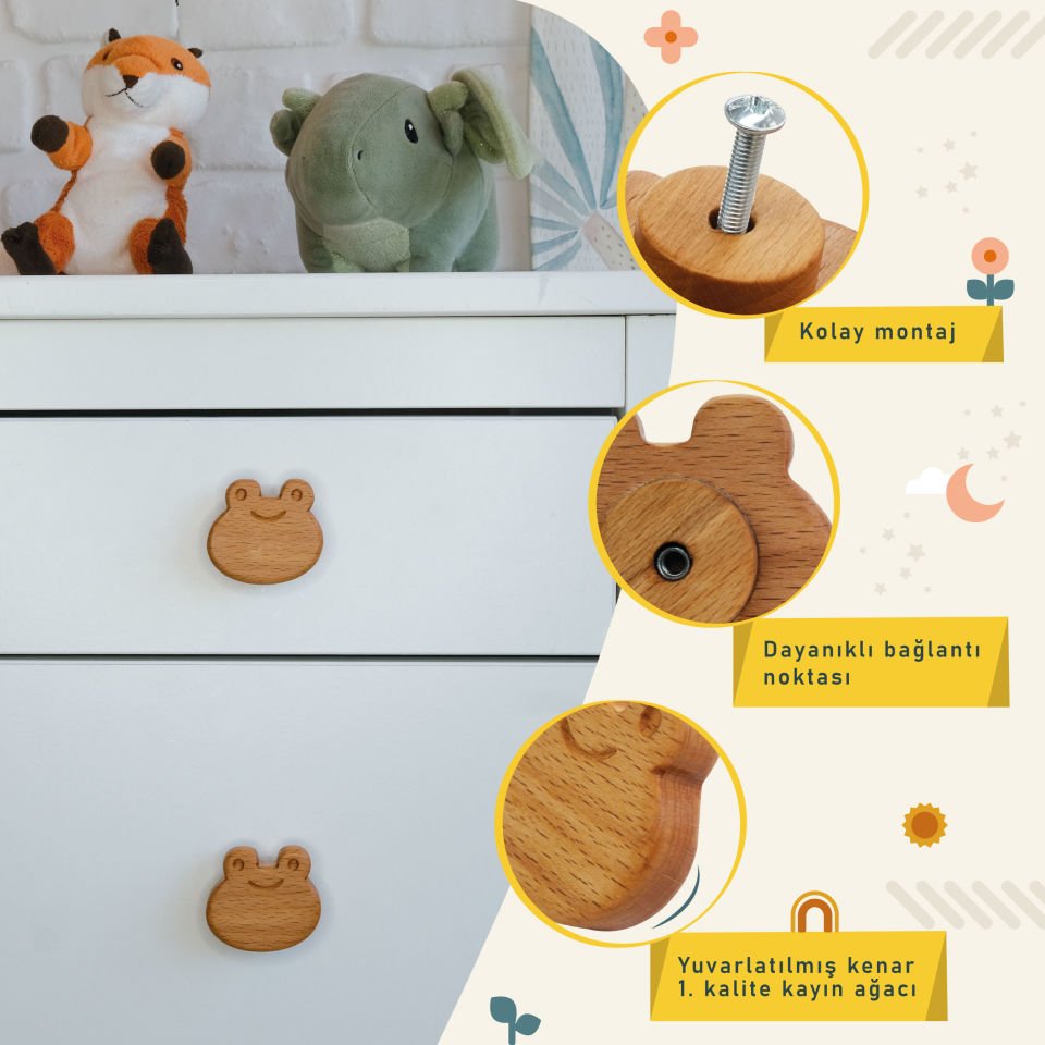 Kurbağa Desenli Bebek Çocuk Odası Ahşap Dolap Çekmece Kulpu