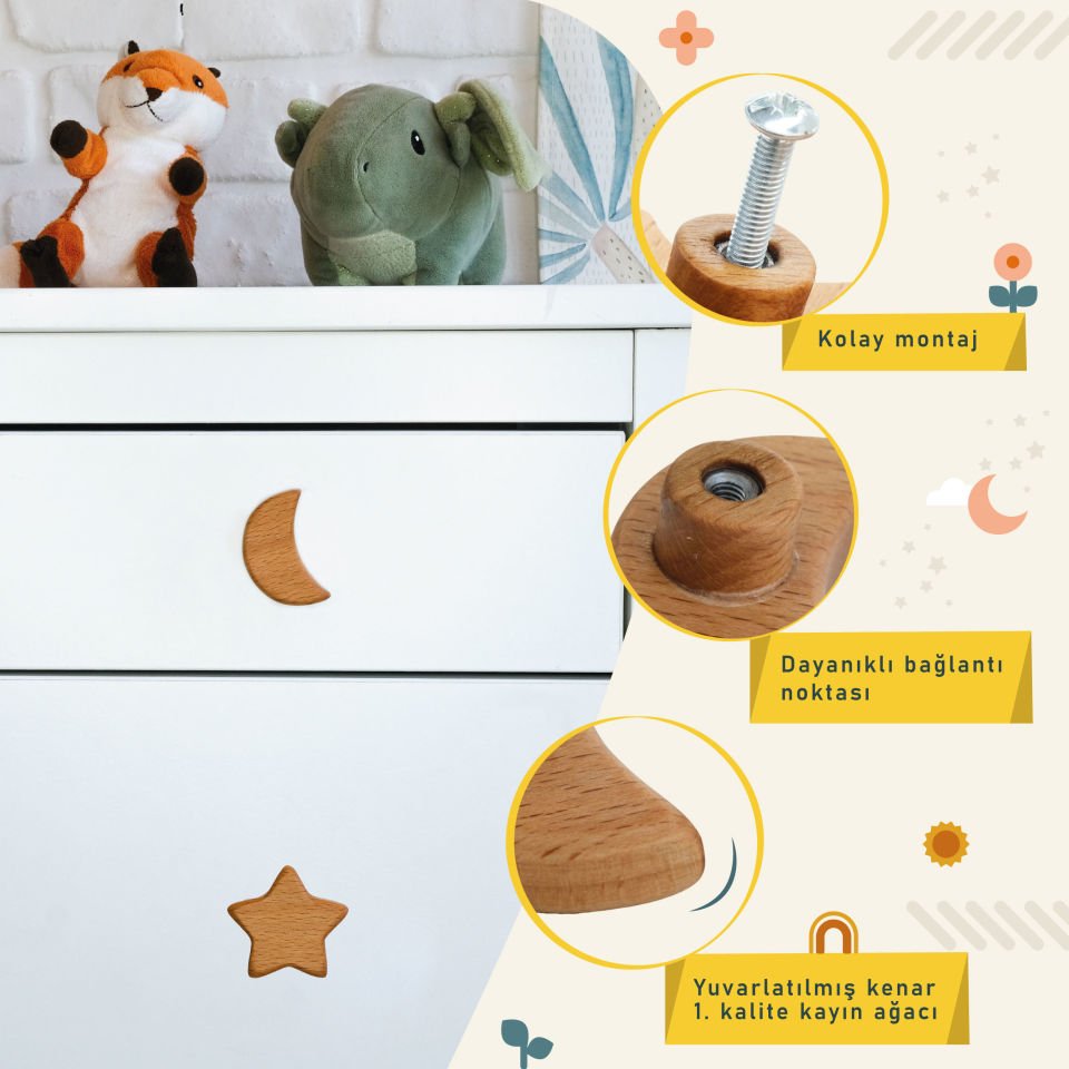 Ay - Yıldız Desenli Bebek Çocuk Odası Ahşap Dolap Çekmece Kulpu