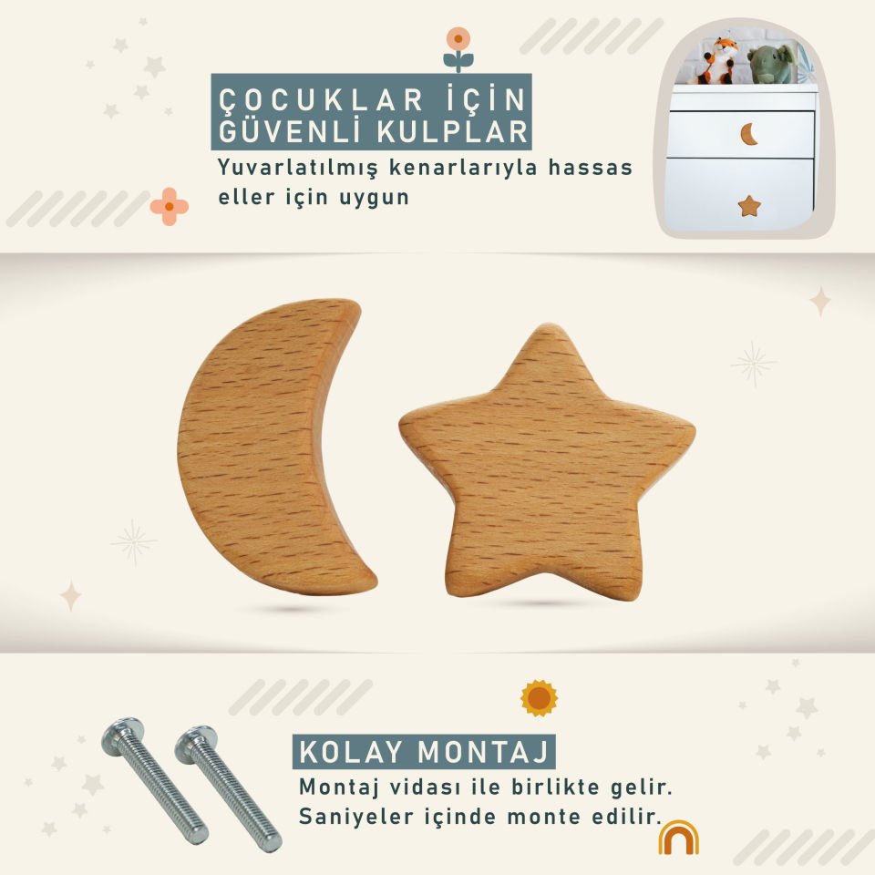 Ay - Yıldız Desenli Bebek Çocuk Odası Ahşap Dolap Çekmece Kulpu